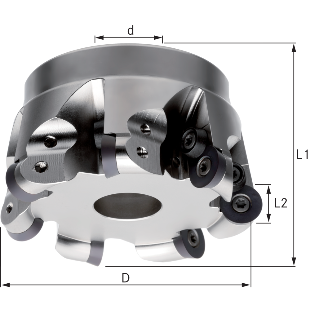 Shell-type milling cutter 100x32mm, for 7 indexable inserts RD..1604MO., with IC
