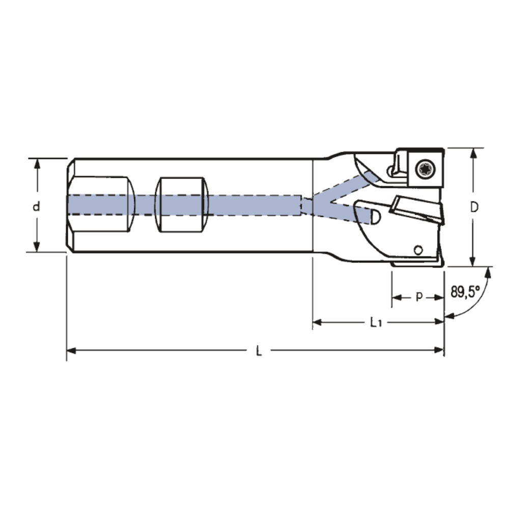 End milling cutter 89.5° 25x100mm, shank 25mm, for 2 x SPMT 09T3