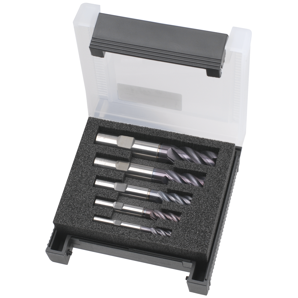 SC end milling cutter set 35°/38° UT, Ø6/8/10/12/16mm lg, clear., 4S., HB, TiAlN