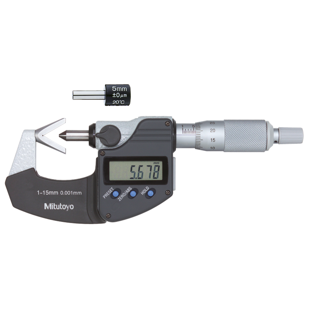 Dig. outside micrometer 10-25mm (0,001mm) V-block anvil 60° meas. faces w. slots