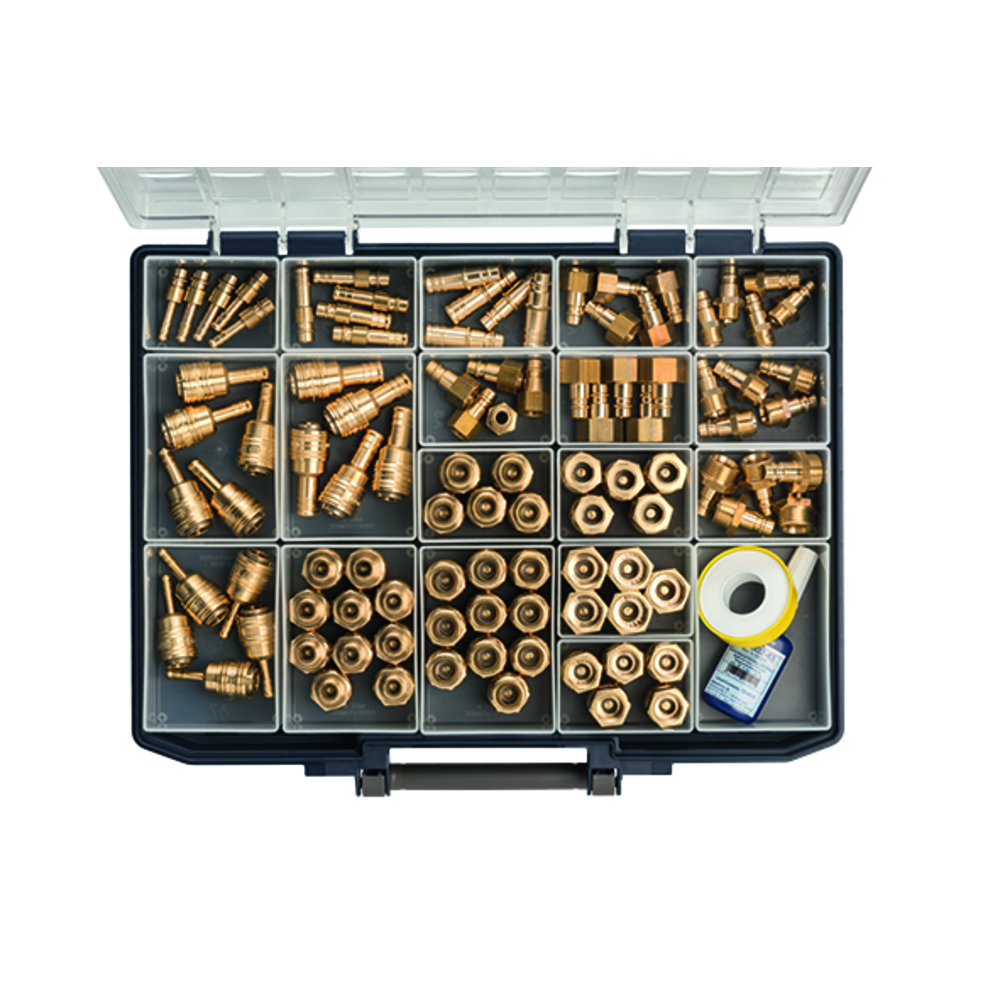 Assortment box with quick-release couplings und plug nipple NW 7.2, brass