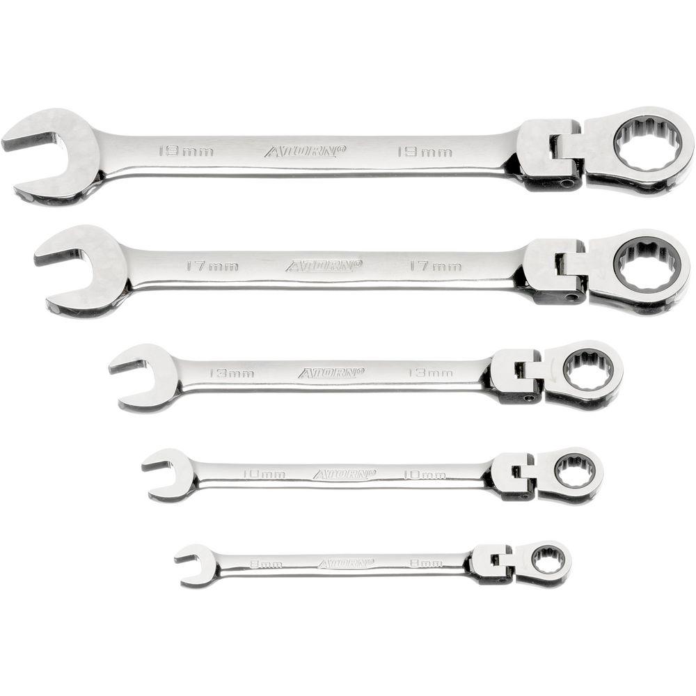 Ratcheting combination spanner 8-19mm, articulated head 5-pcs.