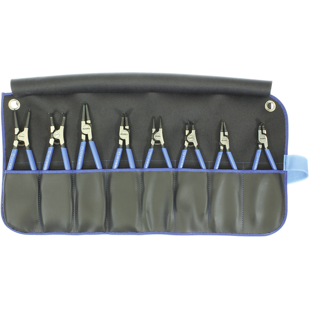 Pliers set for circlips, 8-piece, in roll-up case