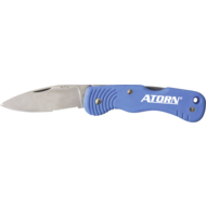 Work knife, blue, stainless steel blade with serrated edge and blade lock