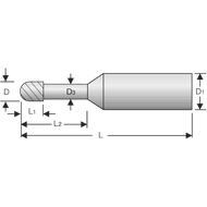 Solid carbide mini-radius milling cutter 30° 0,2mm, L2=0,5mm, Z=2 RockTec-65