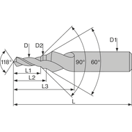 Step centring drill HSSE DIN332-2 60°/90° Form D M3 - 2.5x3.2x6mm