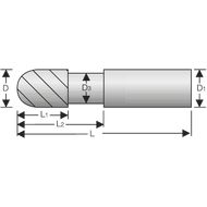 Alu-radius milling cutter SC 45° 3 mm, L2=16 mm, Z=2 short, HA, TAC
