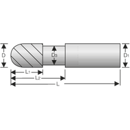 Solid carbide radius milling cutter 30° 2mm, Z=2 long, RockTec-65