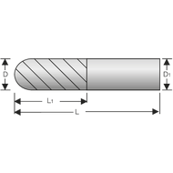 Solid carbide radius milling cutter 1mm Z=2 long, HA, TiAlN